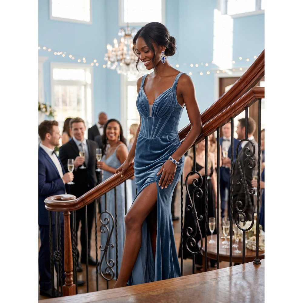 NWT‎ Cinderella Divine Blue Velvet Corset Gown Plunging V High Slit Gown 10